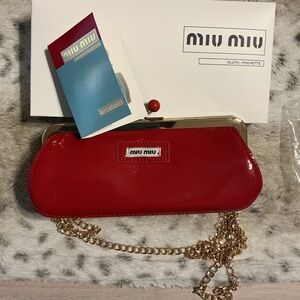 Miu Miu Glossy Red Clutch with Gold Chain